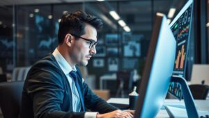 Advogado analisando dados em um escritório moderno para otimizar SEO e aumentar a visibilidade online.