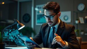 Advogado moderno analisando dados em dispositivo digital, reflete a importância do SEO e marketing para websites jurídicos.