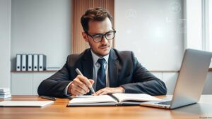 Advogado moderno conceitual interagindo com dados digitais flutuantes em um escritório minimalista, demonstrando inovação em landing pages para advogados.