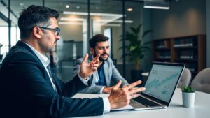 Advogado especializado em marketing jurídico explica estratégias digitais em escritório moderno, abordando 'Agência de Marketing Jurídico Especializada vs. Agência Genérica: Qual a Melhor Escolha?'