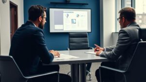 Advogado em reunião com cliente em escritório moderno, representando a importância de contratar uma agência de marketing jurídico.