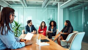 Advogados diversificados brainstorming sobre marketing digital no escritório com elementos tecnológicos flutuantes, alinhada ao tema 'O Que Postar no Instagram de um Escritório de Advocacia com Ideias Práticas'