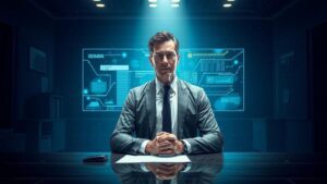 "Advogado tributista em ambiente digital moderno, representando Marketing Jurídico para Empresas de Advocacia Tributária"
