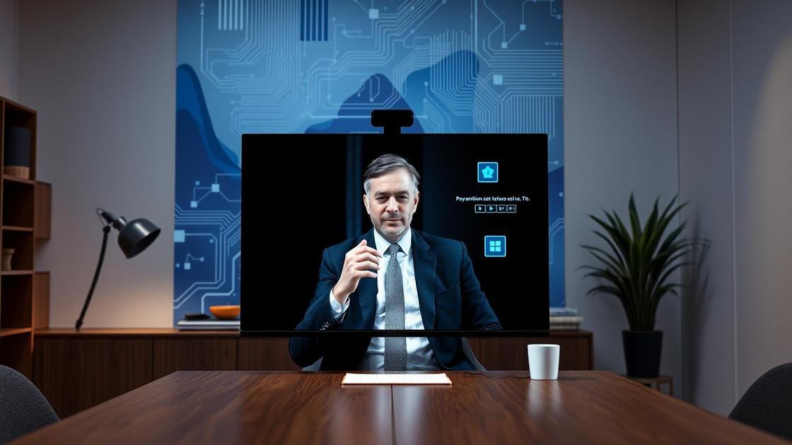 Advogado em videoconferência sobre Assessoria de Imprensa para Advogados, em fundo moderno com elementos tecnológicos.