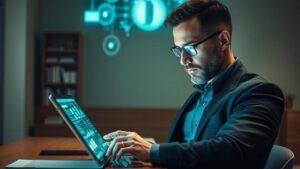 Advogado analisando dados em tela digital sobre Inbound Marketing para Advogados Atração Contínua de Clientes, em ambiente moderno.