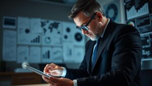 Advogado analisando dados em tablet em um escritório moderno sobre LinkedIn para Advogados Como Gerar Negócios B2B de Forma Estratégica.