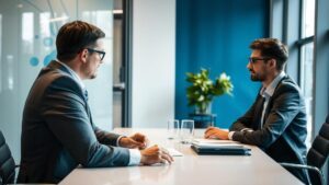 Advogado em reunião estratégica em escritório moderno sobre Marketing Jurídico B2B: Estratégias para Escritórios que Atendem Empresas.