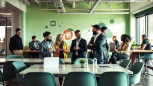 Advogados em coworking discutindo marketing digital, simbolizando a importância dos blogs no marketing jurídico.