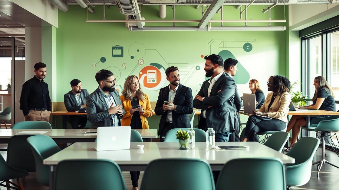 Advogados em coworking discutindo marketing digital, simbolizando a importância dos blogs no marketing jurídico.