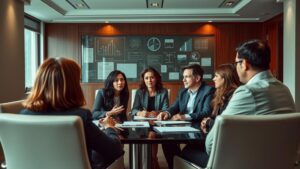 Diversas advogadas e advogados discutindo estratégias de marketing digital em escritório moderno, relacionadas ao Google Meu Negócio.