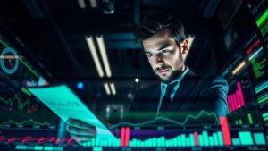 Advogado interpretando métricas de marketing digital em ambiente moderno e tecnológico, representando o artigo 'Métricas de Marketing Digital que Todo Sócio de Escritório Deve Acompanhar'.