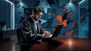 Advogado em escritório moderno com elementos gráficos tecnológicos flutuantes, ilustrando como modernizar a presença online de um escritório de advocacia.