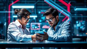 Equipes de marketing jurídico analisando dados em tela digital com elementos tecnológicos flutuantes.