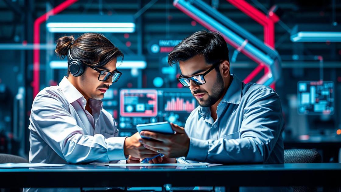 Equipes de marketing jurídico analisando dados em tela digital com elementos tecnológicos flutuantes.