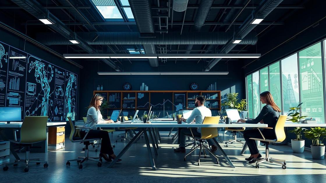 Equipes de marketing jurídico colaborando em ambiente tecnológico moderno, ilustrando o Plano de Marketing Jurídico para Escritórios que Desejam Crescer.