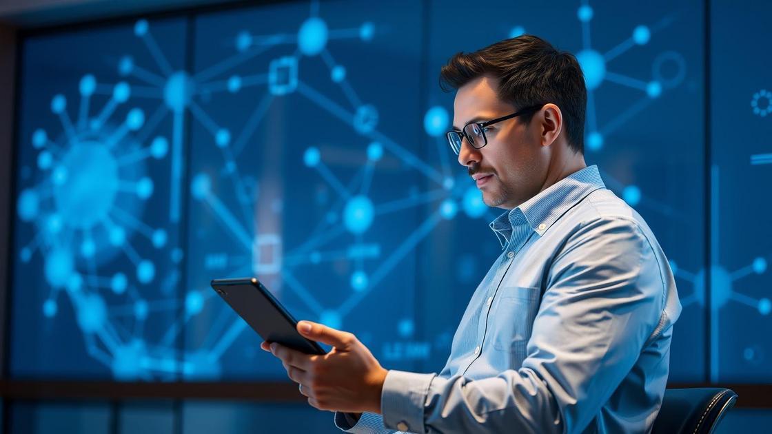 Advogado digital utilizando dispositivos tecnológicos em ambiente moderno para LinkedIn Ads, com gráficos flutuantes e elementos tecnológicos abstractos.