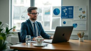 Advogado em home office interagindo com clientes online, representando a construção de autoridade online para advogados