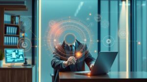 Advogado interagindo com interface digital sobre automação de marketing em um escritório moderno.
