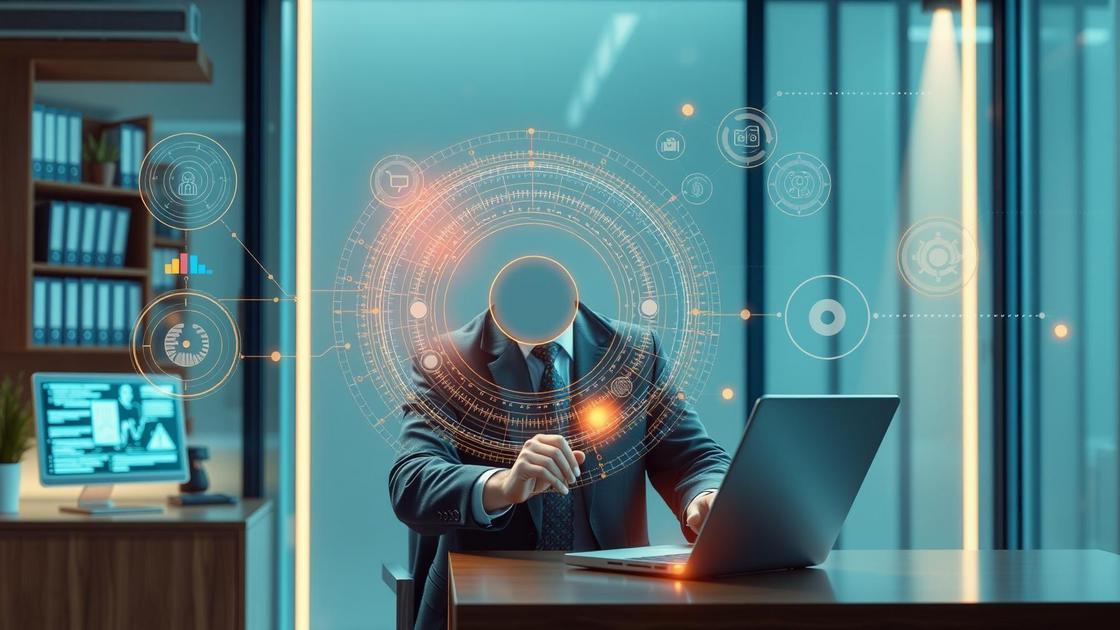 Advogado interagindo com interface digital sobre automação de marketing em um escritório moderno.