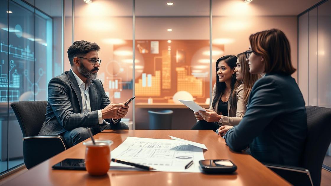 Advogado em ambiente moderno discutindo estratégias de marketing jurídico full service com elementos tecnológicos abstratos flutuantes.