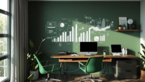 Advogada em home office moderno analisando métricas de marketing digital, representando estratégias de captação de clientes.