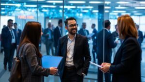 Advogado moderno interagindo com clientes em ambiente tecnológico, representando depoimentos de clientes para atração ética de novos casos.