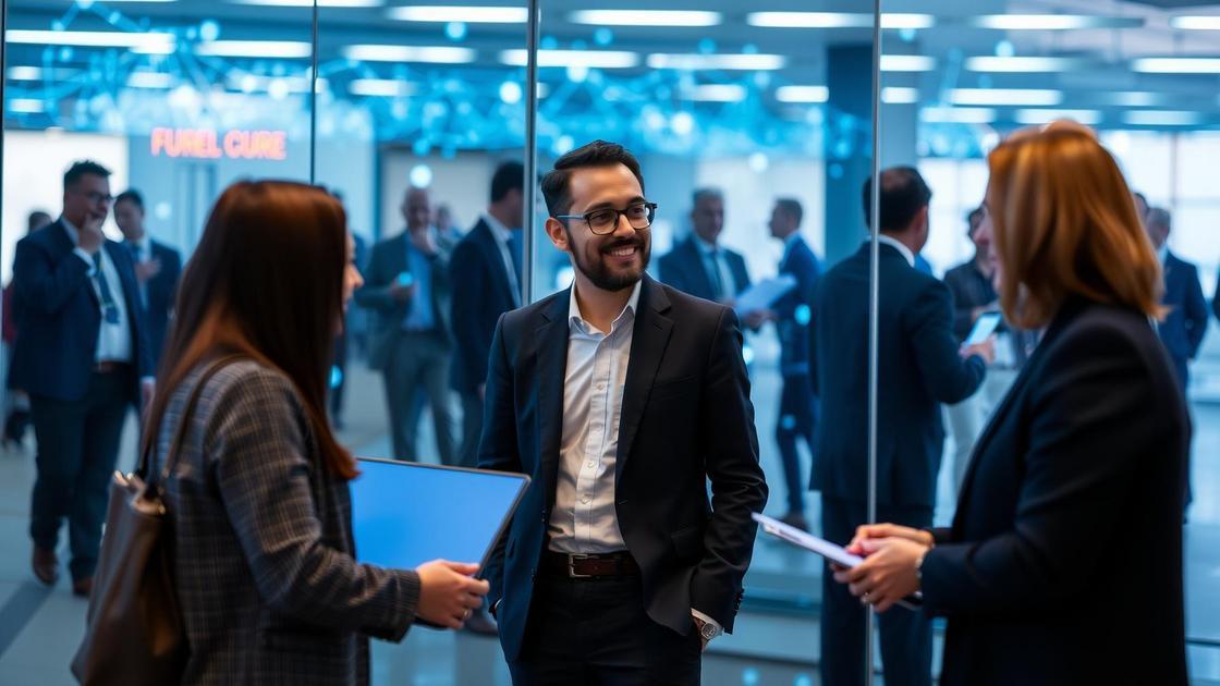 Advogado moderno interagindo com clientes em ambiente tecnológico, representando depoimentos de clientes para atração ética de novos casos.