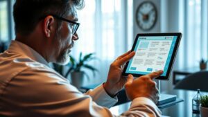 Advogado analisando dados de e-mail marketing em uma tela digital, elementos tecnológicos flutuantes, artigo sobre e-mail marketing na advocacia.