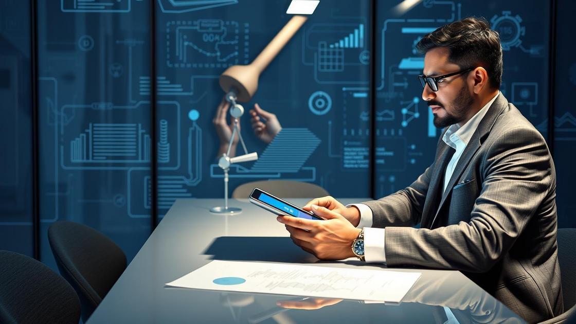Advogado experiente em um escritório moderno utilizando tablet, representa a importância do marketing digital para escritórios de advocacia.