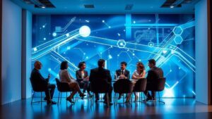 Como Transformar a Expertise Jurídica do seu Time em Conteúdo que Vende: advogados discutindo estratégias em um ambiente moderno.