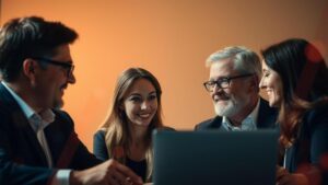 Advogados e clientes interagindo em um webinar online com elementos tecnológicos flutuantes, destacando a geração de leads qualificados.