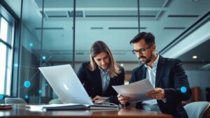 Advogados analisando dados em ambiente moderno com tecnologia, ilustra a importância do CRM para escritórios de advocacia que investem em marketing