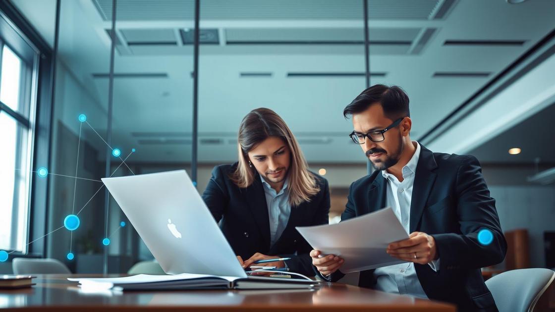 Advogados analisando dados em ambiente moderno com tecnologia, ilustra a importância do CRM para escritórios de advocacia que investem em marketing