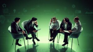 Advogados diversos discutindo estratégias de marketing digital com elementos tecnológicos flutuantes no fundo, representando o marketing de performance para escritórios de advocacia.