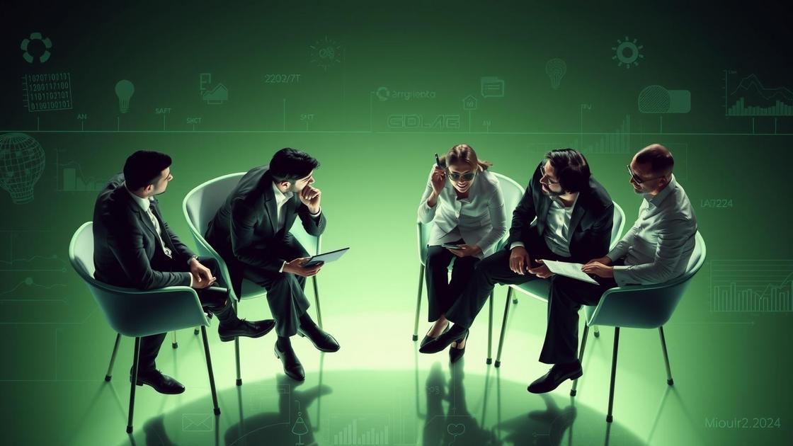 Advogados diversos discutindo estratégias de marketing digital com elementos tecnológicos flutuantes no fundo, representando o marketing de performance para escritórios de advocacia.