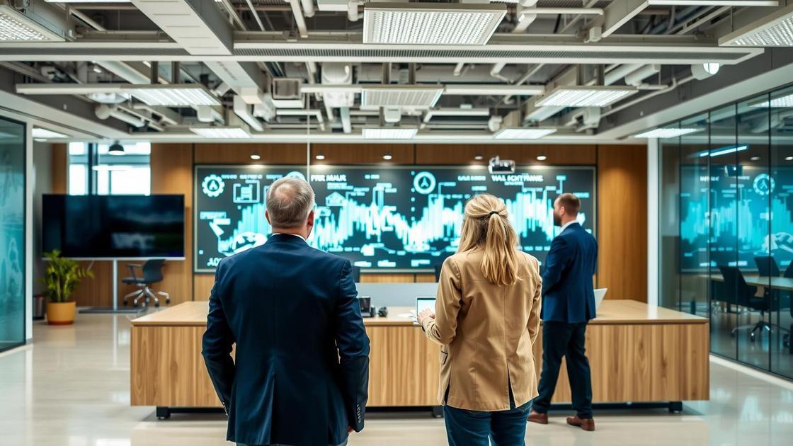 Advogados e clientes interagindo em um escritório moderno com elementos tecnológicos flutuantes sobre como o Marketing Digital Pode Reduzir o CAC na Advocacia