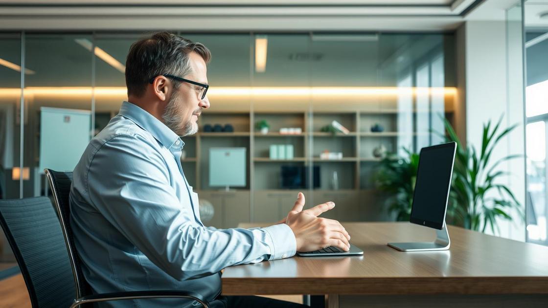 Advogado e cliente em conversa interativa em escritório moderno com elementos tecnológicos flutuantes, representando personalização no marketing jurídico.