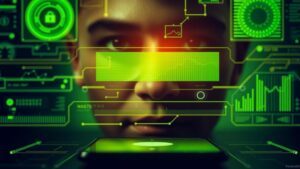 Advogado respondendo avaliações online em ambiente digital com elementos flutuantes, destacando a relevância da interação profissional para a reputação.