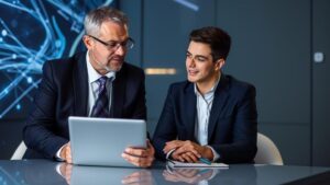 Advogado consultando cliente jovem em ambiente digital inovador, simbolizando confiança online no marketing jurídico.