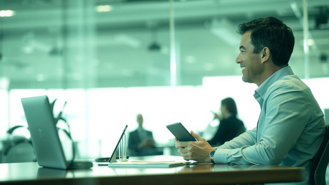 Sócio de escritório de advocacia discutindo marketing digital com cliente sênior em um ambiente moderno e tecnológico.