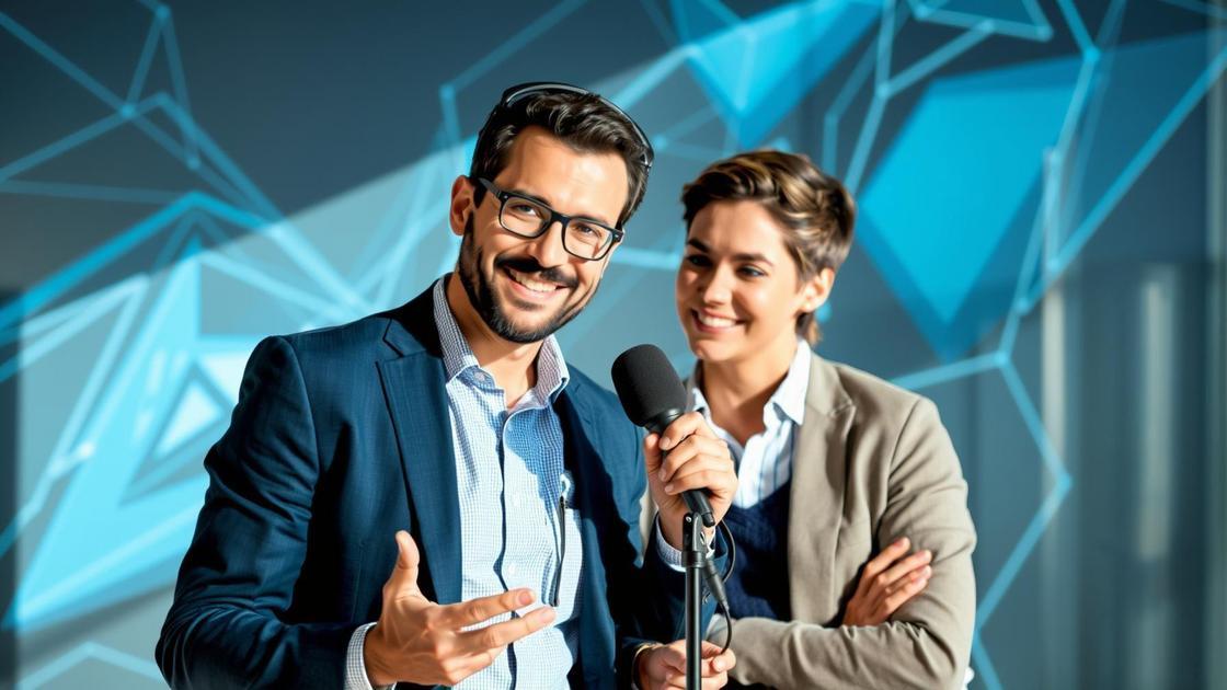 Advogado apresentando um podcast a uma jovem cliente em estúdio moderno, simbolizando o podcast para advogados e construção de autoridade.