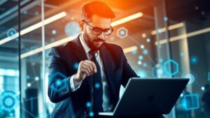 Advogado com laptop em ambiente tecnológico, ilustrando Marketing para Advogados: Desafios e Oportunidades Essenciais.