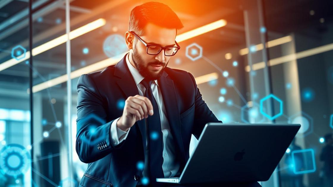 Advogado com laptop em ambiente tecnológico, ilustrando Marketing para Advogados: Desafios e Oportunidades Essenciais.
