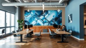 Advogado interagindo em espaço de coworking moderno com elementos tecnológicos flutuantes, refletindo o Marketing Jurídico Sóbrio e Informativo na Prática.