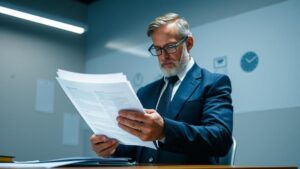 Advogado revisando documentos em escritório moderno com elementos tecnológicos sobre SEO e marketing digital.