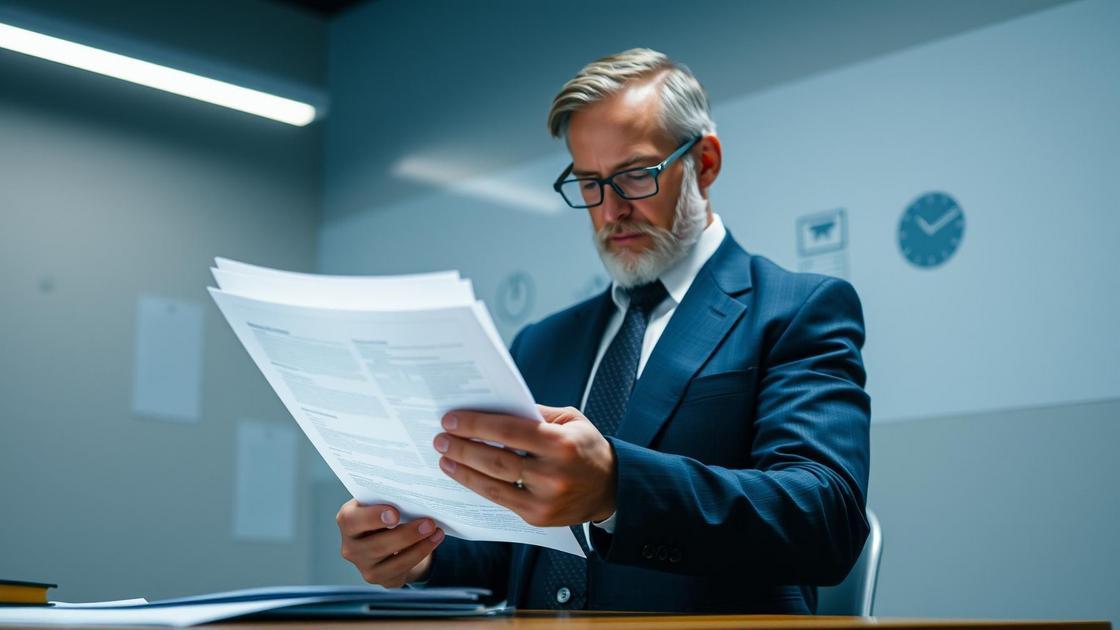 Advogado revisando documentos em escritório moderno com elementos tecnológicos sobre SEO e marketing digital.