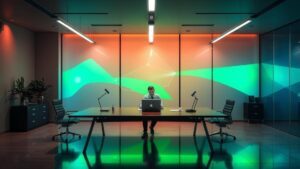 Imagem ilustrativa sobre Estratégias de Link Building para Sites de Advocacia Guia Completo, mostrando um advogado em um ambiente moderno com elementos tecnológicos