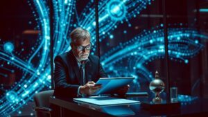 Advogado em escritório moderno analisando dados e debatendo marketing jurídico ético em um fundo tecnológico, refletindo o perigo das fórmulas mágicas na advocacia.
