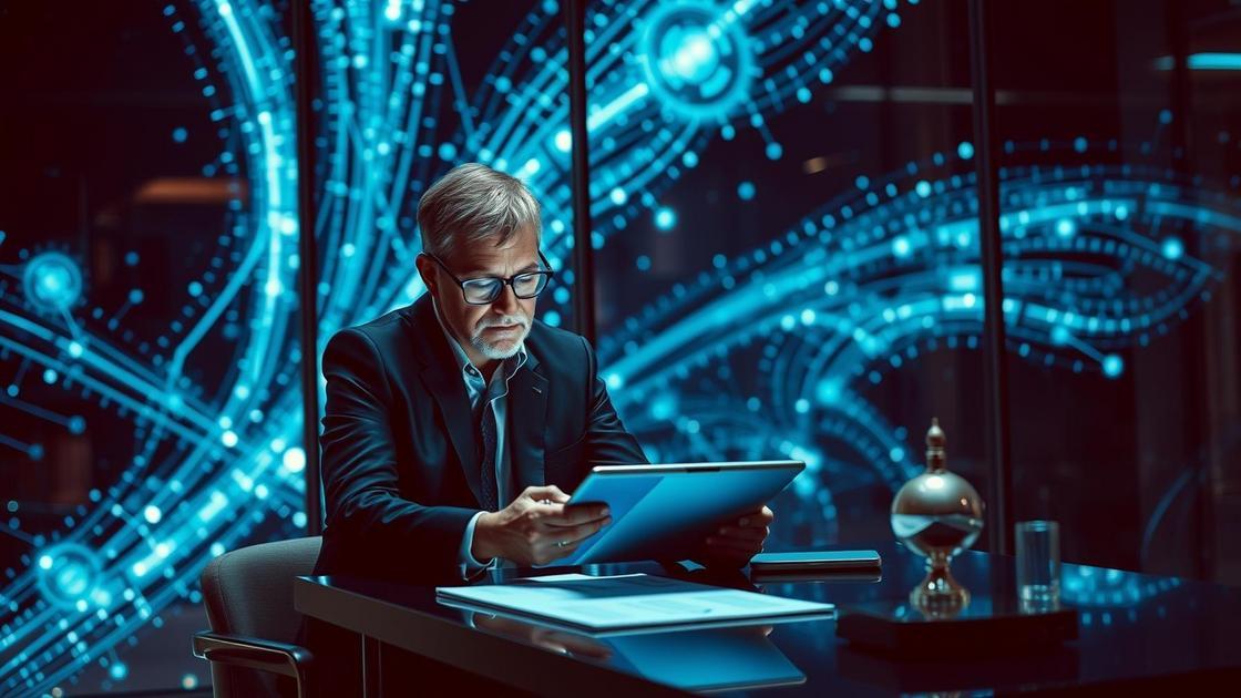 Advogado em escritório moderno analisando dados e debatendo marketing jurídico ético em um fundo tecnológico, refletindo o perigo das fórmulas mágicas na advocacia.