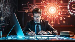 Advogado consultando dados em uma tela holográfica, destacando estratégias de marketing jurídico inovadoras.